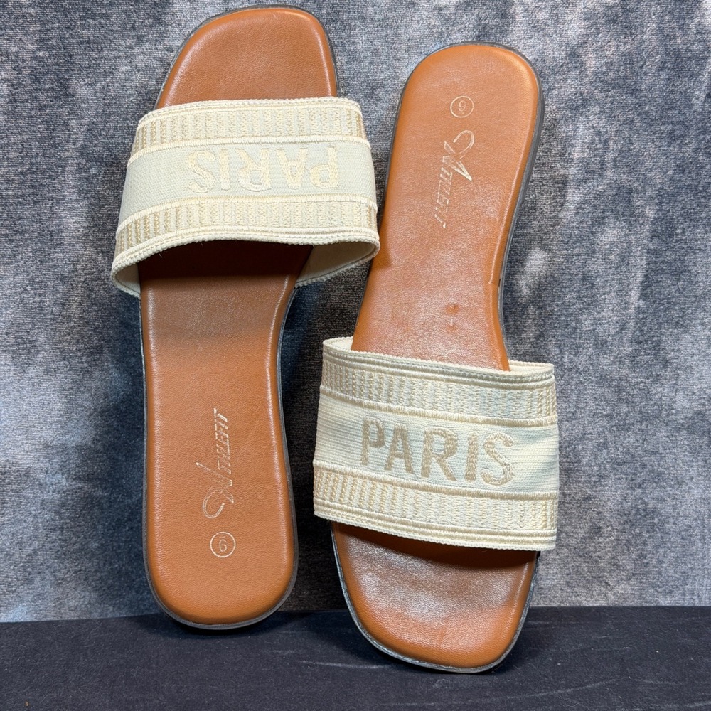 Athlefit Slide Sandals Womens Tan Cream Paris Flat Size 9 Summer Casual Beach